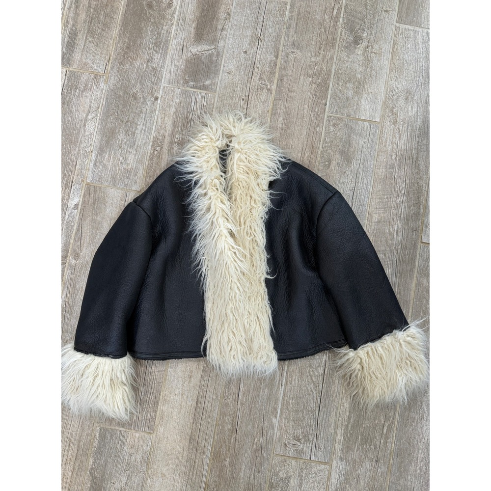 Boohoo Shearling Jacket Womens 6 Black Excellent Faux Fur Trim Cropped Afghan